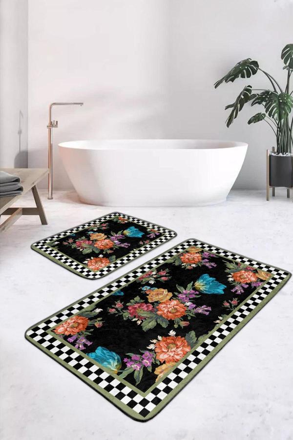 Realhomes Siyah Zeminde Çiçekli Ve Kareli Çerçeveli Yeşil Detaylı 2'Li Banyo Paspas Takımı - Image 1