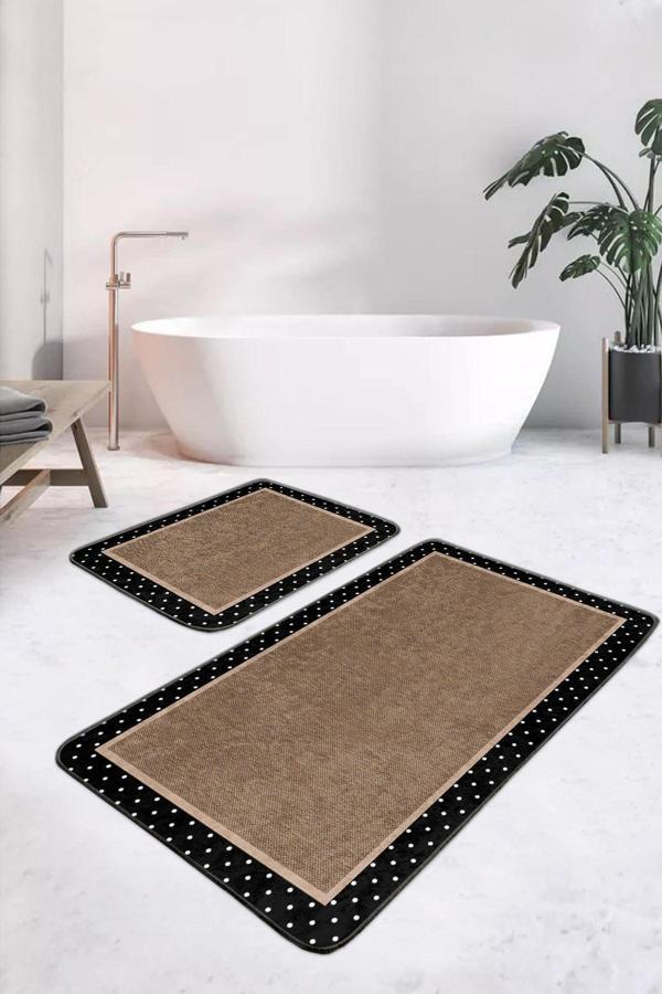 Realhomes Puantiye Desenli Siyah Bej 2'Li Kaymaz Taban Yıkanabilir Banyo Paspas Seti - Image 1