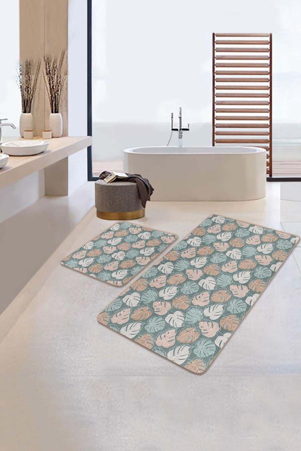 Realhomes Turuncu Beyaz Tropikal Yaprak Desenli 2'Li Kaymaz Taban Yıkanabilir Banyo Paspas Seti - Image 1