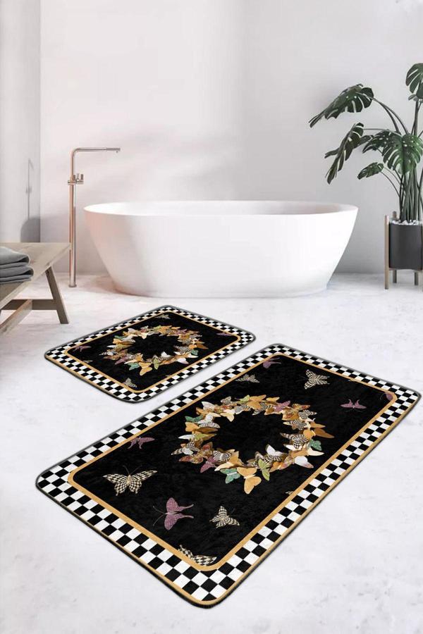 Realhomes Siyah Zemin Üzerinde Sarı-Mor Kelebek Desenli Kaymaz Taban Yıkanabilir 2'Li Banyo Paspas Seti - Image 1