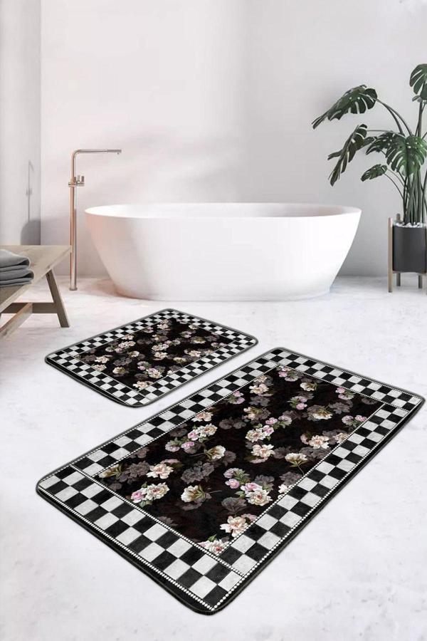 Realhomes Çiçekli Kareli Siyah Beyaz Etnik Desenli 2'Li Kaymaz Taban Yıkanabilir Banyo Paspas Seti - Image 1