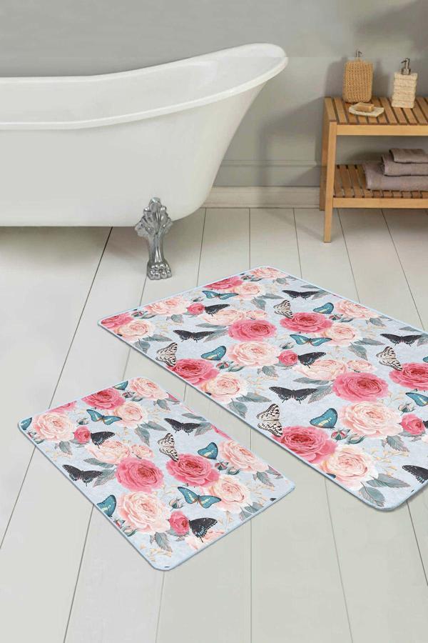 Realhomes Pembe Beyaz Güller Ve Kelebek Desenli Kaymaz Taban Yıkanabilir 2'Li Banyo Paspas Seti - Image 1