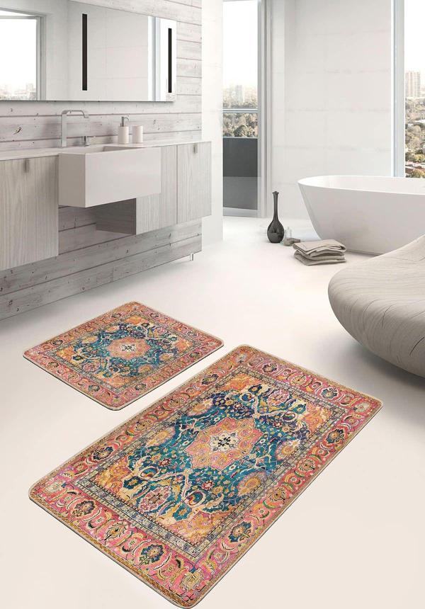 Realhomes Persian Çiçekli Desenli Turkuaz-Pembe 2'Li Kaymaz Taban Yıkanabilir Banyo Paspas Seti - Image 1