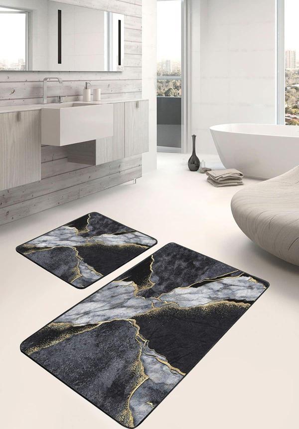 Realhomes Siyah Gri Mermer Desenli 2'Li Kaymaz Taban Yıkanabilir Banyo Paspas Seti - Image 1