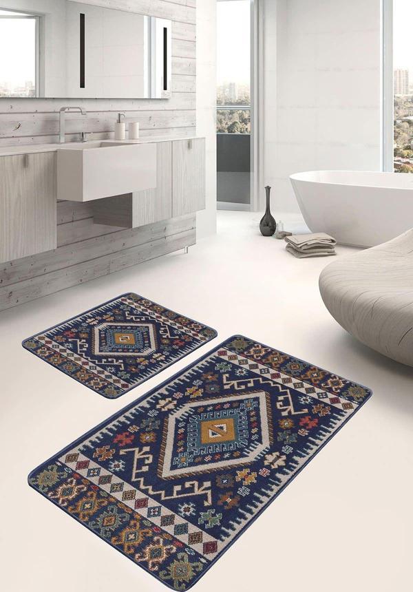 Realhomes Lacivert Etnik Motifli Klasik 2'Li Kaymaz Taban Yıkanabilir Banyo Paspas Seti - Image 1