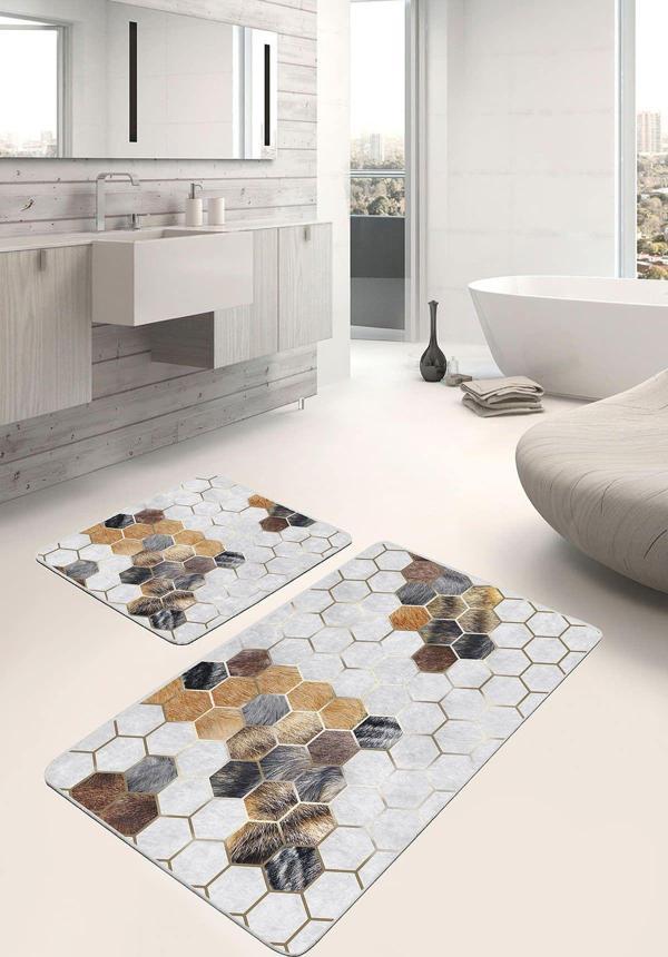 Realhomes Altın Ve Kahverengi Sekizgen Desenli Kaymaz Taban Yıkanabilir 2'Li Banyo Paspas Seti - Image 1