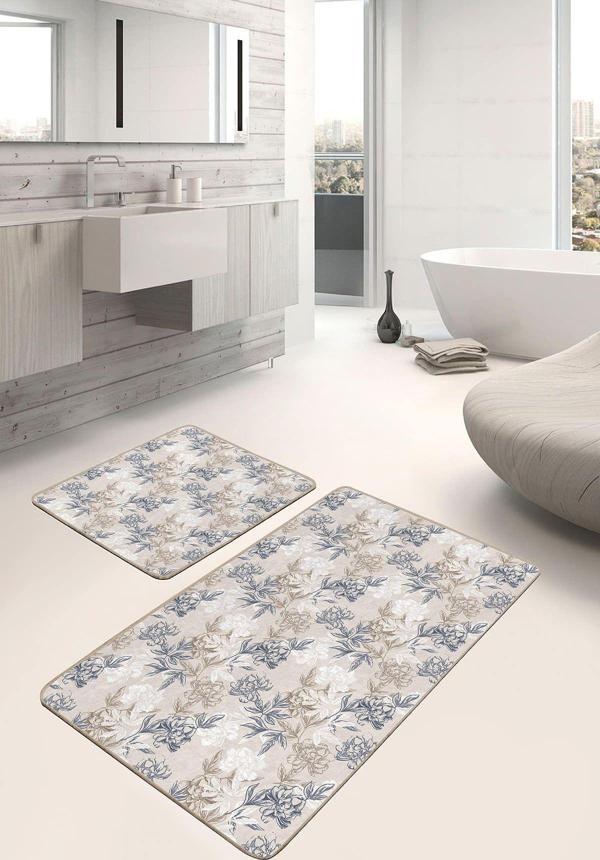 Realhomes Bej Zeminli Krem Ve Lacivert Çiçek Desenli 2'Li Kaymaz Taban Yıkanabilir Banyo Paspas Seti - Image 1