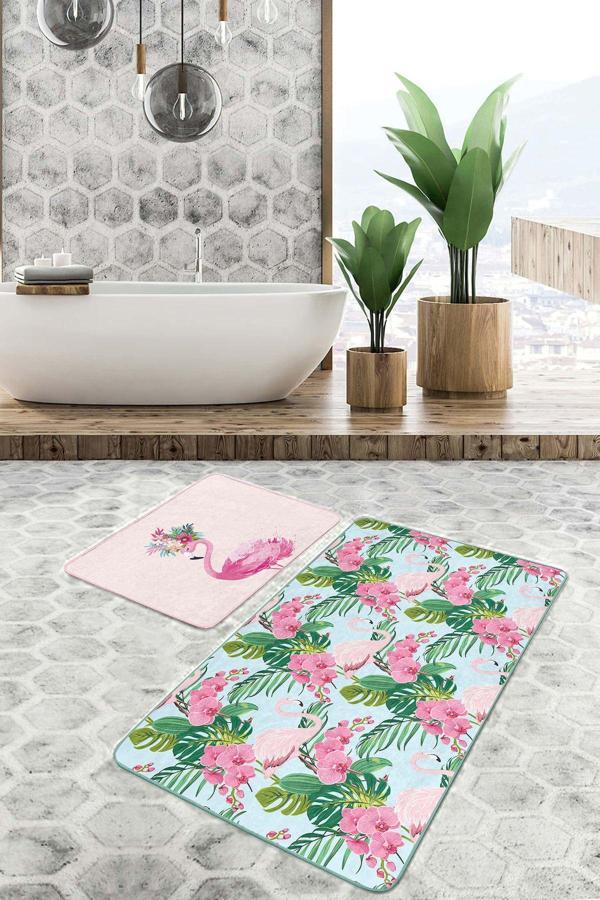 Realhomes Pembe Flamingo Çiçek Desenli 2'Li Kaymaz Taban Yıkanabilir Banyo Paspas Seti - Image 1