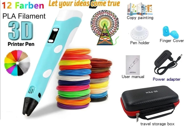 3d Pen Üç Boyutlu Yazıcı Kalem Printer (12 Adet 3 Metre Filament -36 Metre Led Ekranlı Adatörlü - Image 1