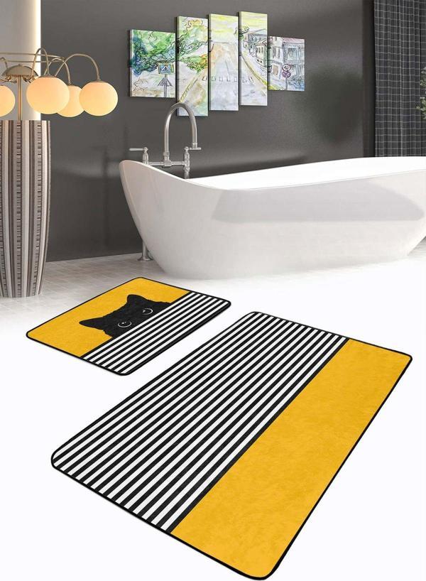 Realhomes Çizgili Siyah Kedi Desenli Sarı Siyah 2'Li Kaymaz Taban Yıkanabilir Banyo Paspas Seti - Image 1