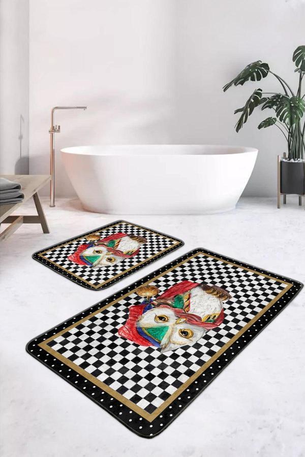 Realhomes Baykuş Figürlü Siyah Beyaz Damalı 2'Li Kaymaz Taban Yıkanabilir Banyo Paspas Seti - Image 1