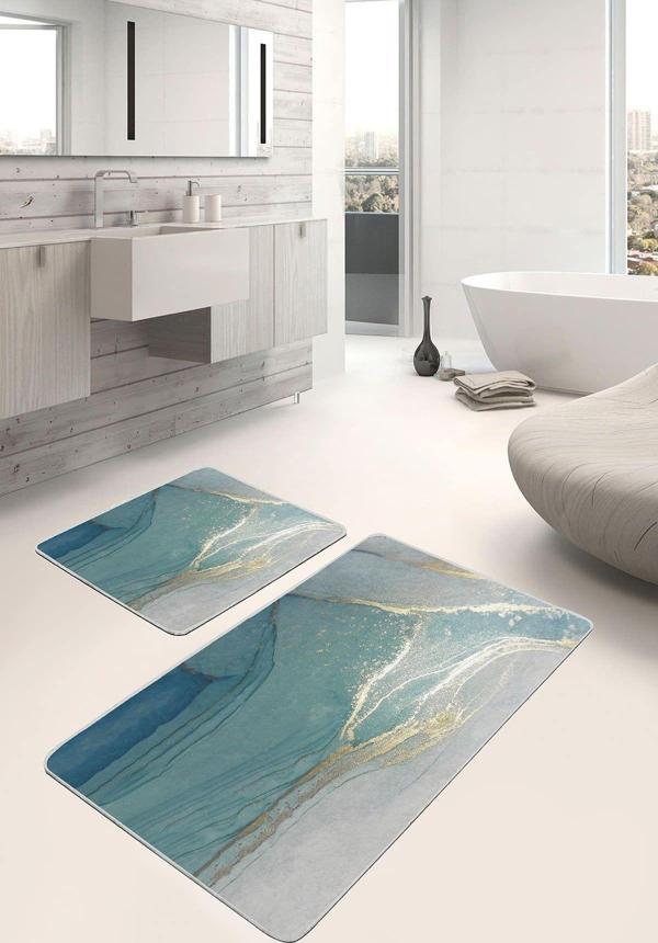 Realhomes Mavi-Gri Mermer Desenli 2'Li Kaymaz Taban Yıkanabilir Banyo Paspas Seti - Image 1