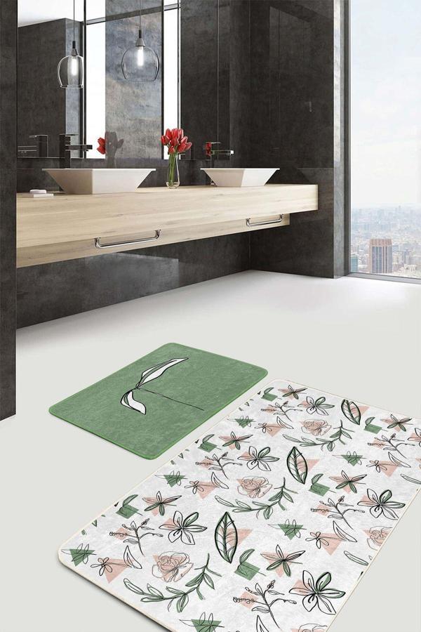 Realhomes Çizgisel Yaprak Ve Çiçek Desenli Yeşil Beyaz 2'Li Kaymaz Taban Yıkanabilir Banyo Paspas Seti - Image 1