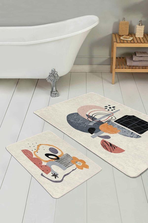 Realhomes Bej Zeminde Soyut Figürlü Turuncu Gri 2'Li Kaymaz Taban Yıkanabilir Banyo Paspas Seti - Image 1
