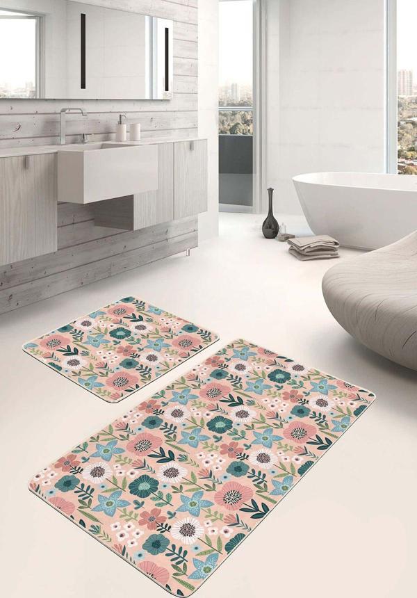 Realhomes Çiçek Desenli Pudra Mavi 2'Li Kaymaz Taban Yıkanabilir Banyo Paspas Seti - Image 1