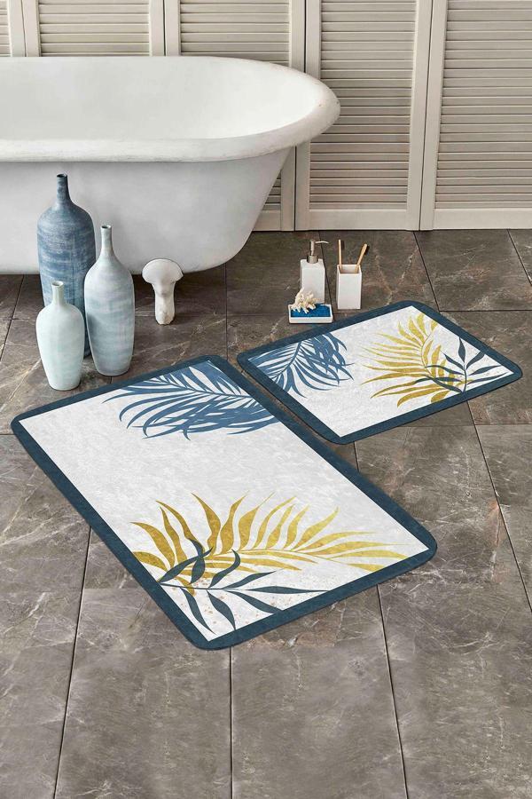 Realhomes Sarı Mavi Tropikal Yapraklı Kaymaz Tabanlı Yıkanabilir 2'Li Banyo Paspas Seti - Image 1