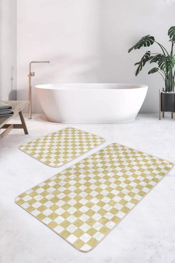 Realhomes Beyaz-Bej Kareli Geometrik Modern 2'Li Kaymaz Taban Yıkanabilir Banyo Paspas Seti - Image 1