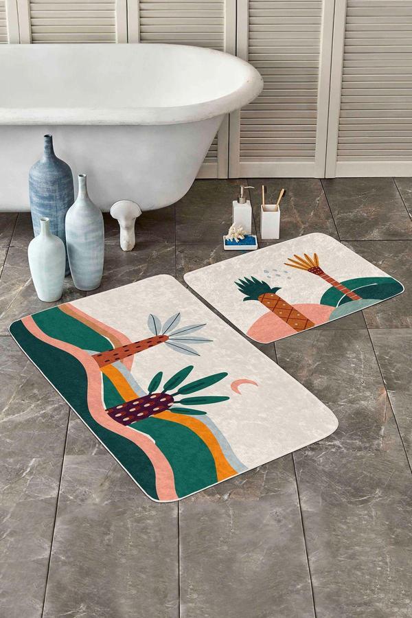 Realhomes Soyut Tropikal Desenli Yeşil Turuncu 2'Li Kaymaz Taban Yıkanabilir Banyo Paspas Seti - Image 1