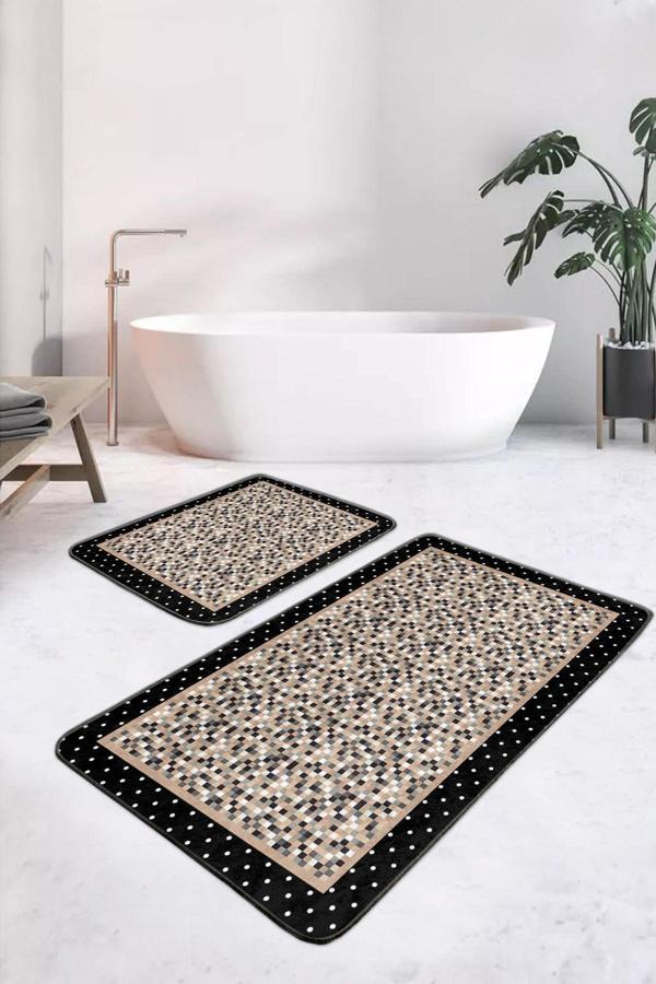 Realhomes Kareli Mozaik Desenli Siyah Bej 2'Li Kaymaz Taban Yıkanabilir Banyo Paspas Takımı - Image 1