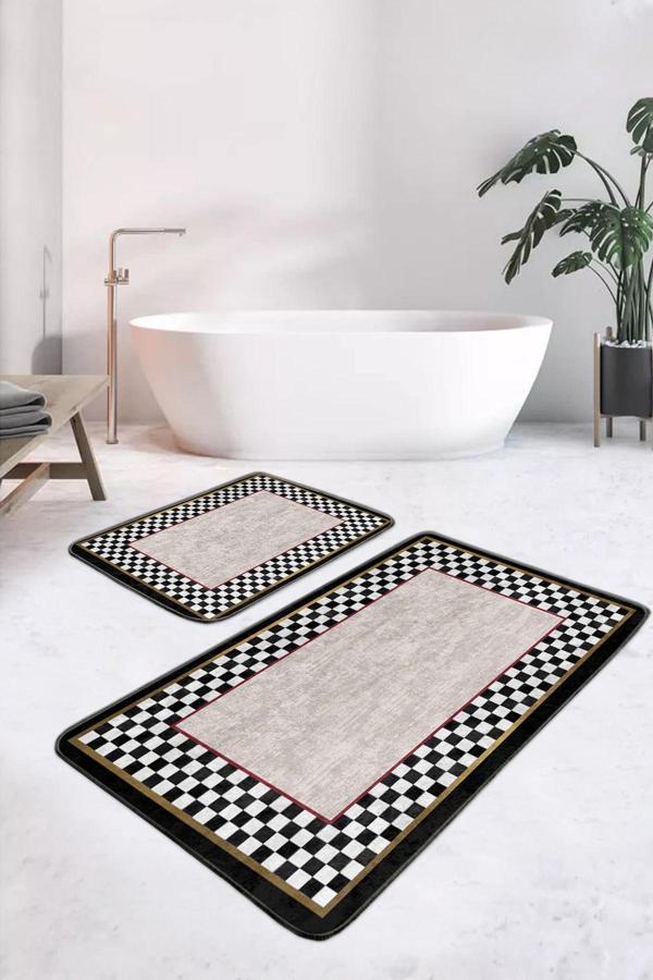 Realhomes Siyah Beyaz Kareli Şeritli Modern Stil 2'Li Kaymaz Taban Yıkanabilir Banyo Paspas Seti - Image 1