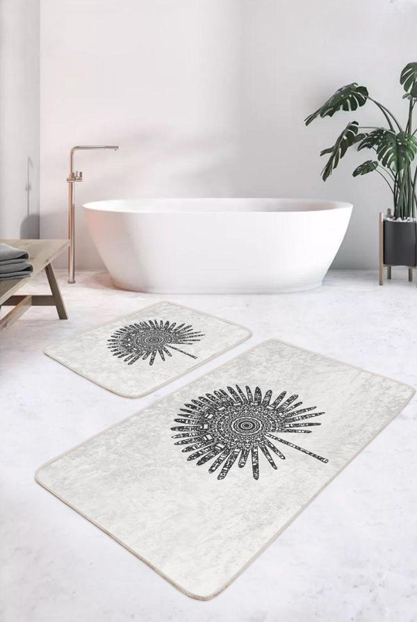 Realhomes Siyah Etnik Desenli Beyaz Zeminli 2'Li Kaymaz Taban Yıkanabilir Banyo Paspas Seti - Image 1
