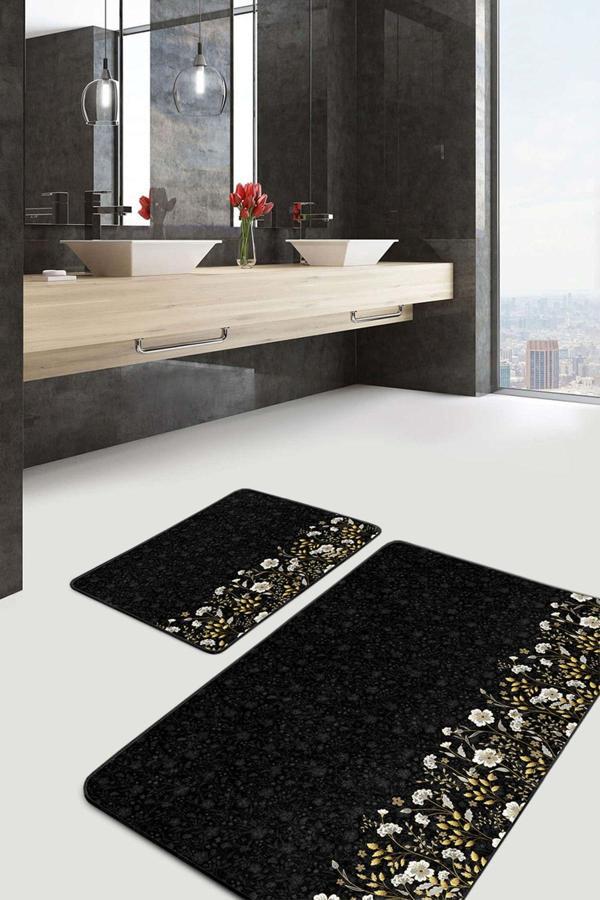 Realhomes Beyaz Ve Altın Çiçek Desenli Siyah Zemin 2'Li Kaymaz Taban Yıkanabilir Banyo Paspas Seti - Image 1