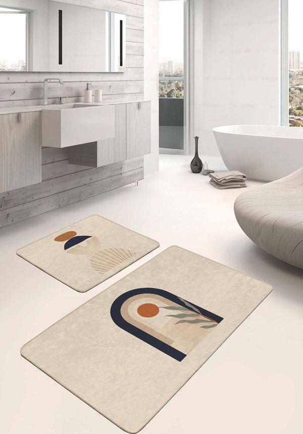 Realhomes Bej Zeminli Geometrik Tasarımlı Kahverengi Lacivert 2'Li Kaymaz Taban Yıkanabilir Banyo Paspas Seti - Image 1