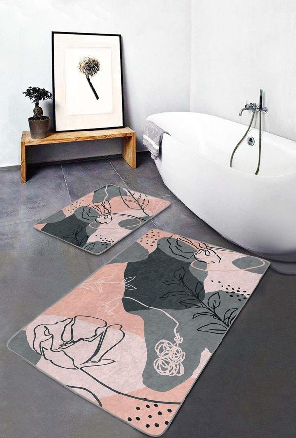 Realhomes Soyut Çiçek Desenli Gri-Pembe 2'Li Kaymaz Taban Yıkanabilir Banyo Paspas Takımı - Image 1