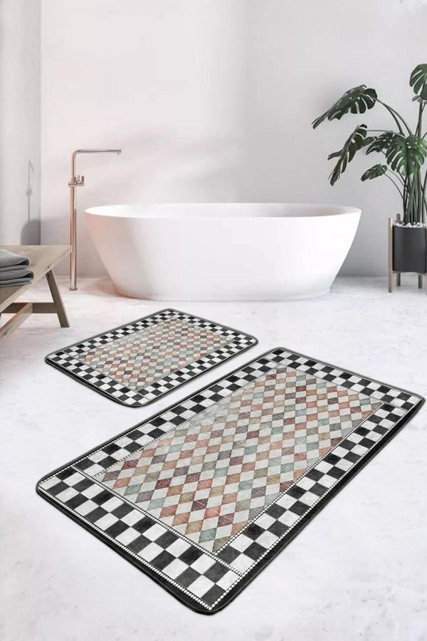 Realhomes Kareli Mozaik Desenli Siyah Bej Renkli 2'Li Kaymaz Taban Yıkanabilir Banyo Paspas Seti - Image 1