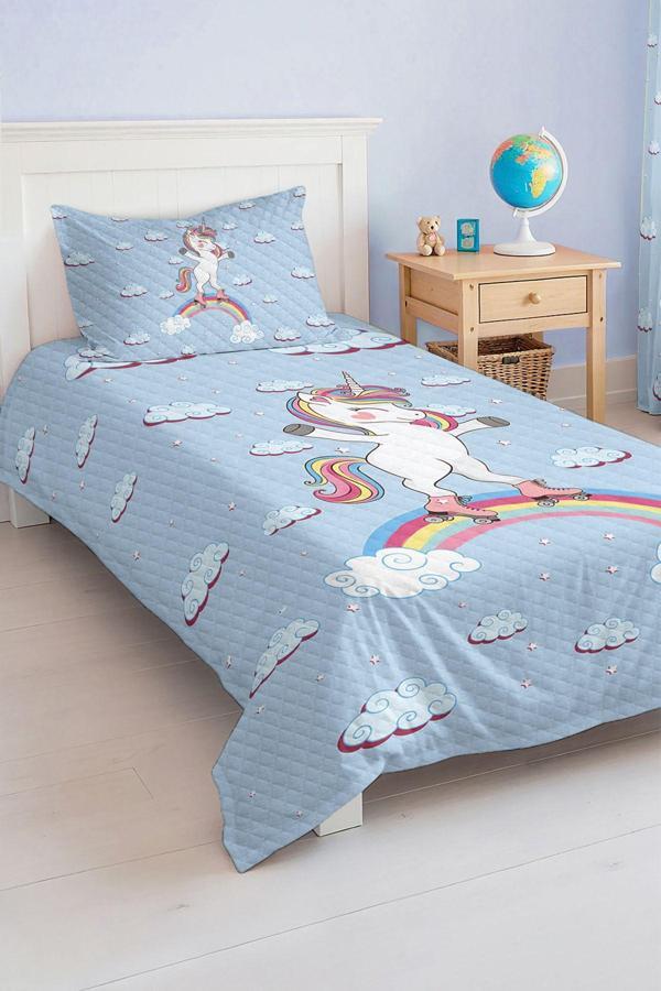 Realhomes Mavi Unicorn Desenli Tek Kişilik Çocuk Ve Genç Odası Pike Takımı Yatak Örtüsü - Image 1