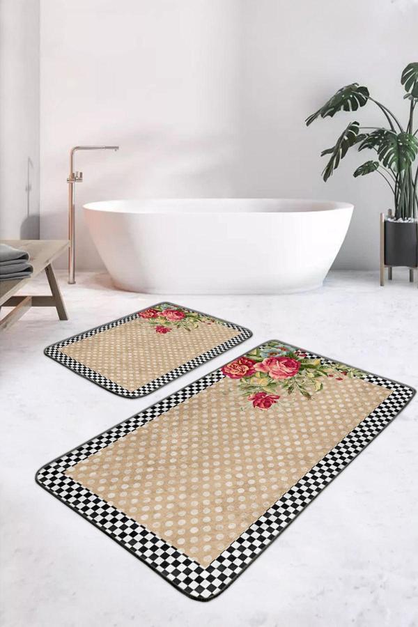 Realhomes Bej Zeminde Pembe Çiçekli Siyah Beyaz Kareli Kenar 2'Li Kaymaz Taban Yıkanabilir Banyo Paspas Seti - Image 1