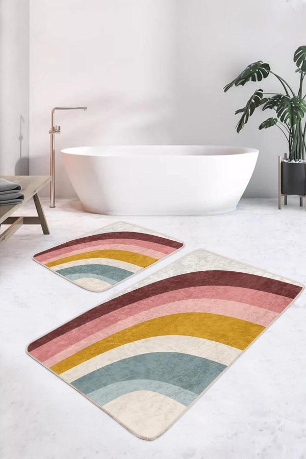 Realhomes Çizgisel Desenli Sarı Mavi 2'Li Kaymaz Taban Yıkanabilir Banyo Paspas Seti - Image 1