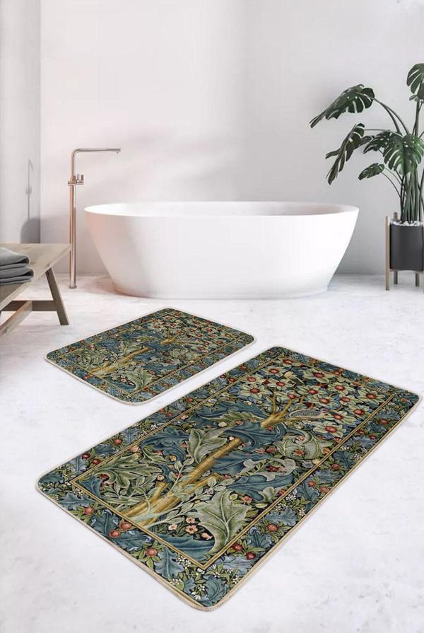Realhomes Yeşil Kırmızı Çiçekli Klasik Vintage 2'Li Kaymaz Taban Yıkanabilir Banyo Paspas Takımı - Image 1