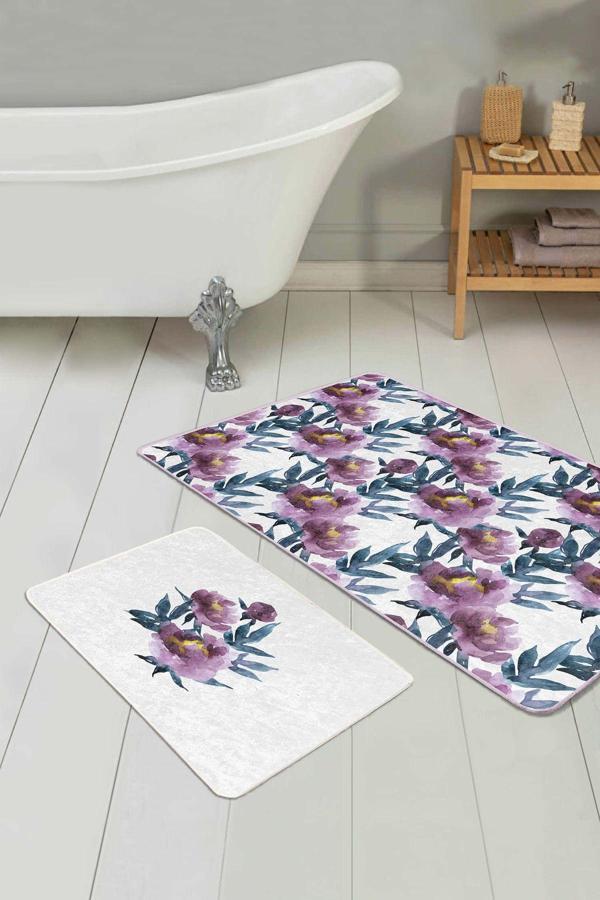 Realhomes Mor Çiçekli Yaprak Desenli 2'Li Kaymaz Taban Yıkanabilir Banyo Paspas Seti - Image 1