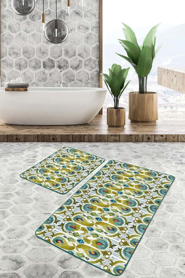 Realhomes Motifli Vintage Desenli Yeşil-Mavi 2'Li Kaymaz Taban Yıkanabilir Banyo Paspas Seti - Image 1
