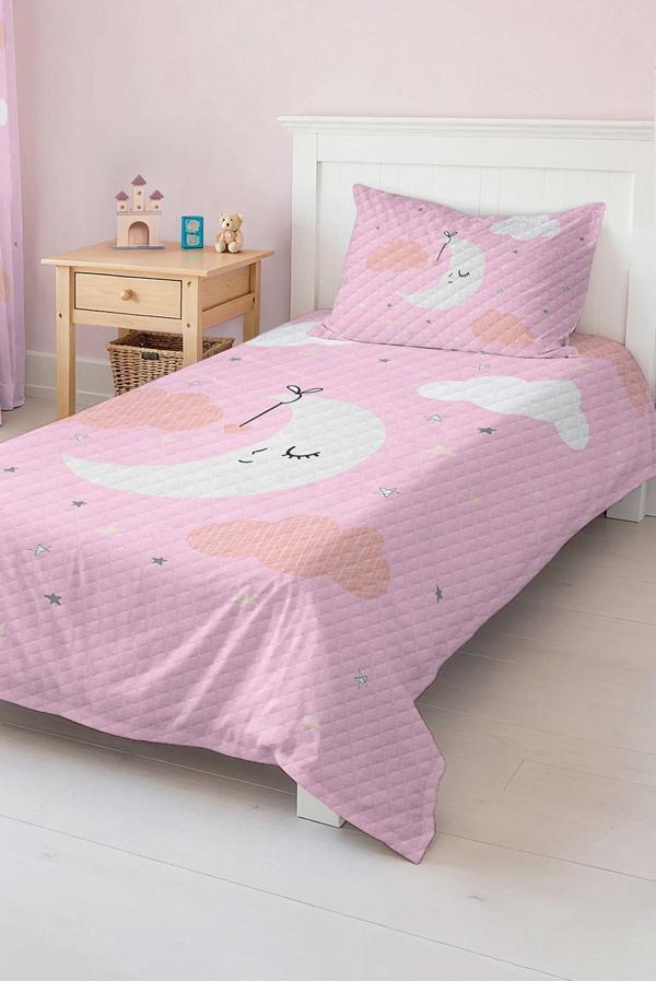 Realhomes Pembe Ay Ve Bulut Desenli Tek Kişilik Çocuk Ve Genç Odası Pike Takımı Yatak Örtüsü - Image 1