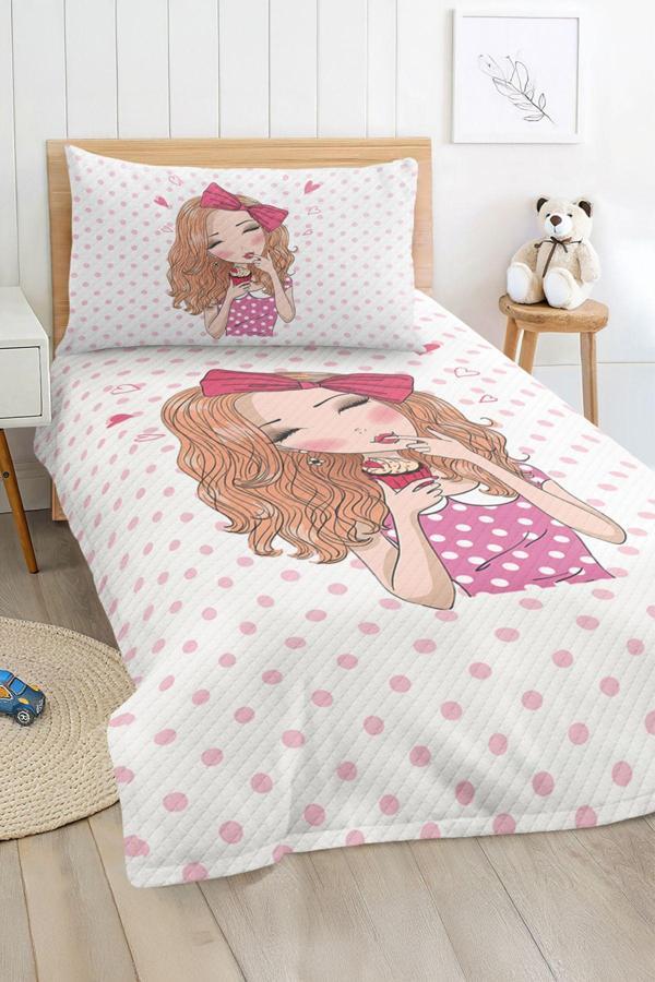 Realhomes Pembe Dots Desenli Tek Kişilik Çocuk Ve Genç Odası Pike Takımı Yatak Örtüsü - Image 1