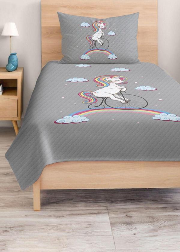 Realhomes Renkli Unicorn Desenli Çocuk Ve Genç Odası Pike Takımı Yatak Örtüsü - Image 1
