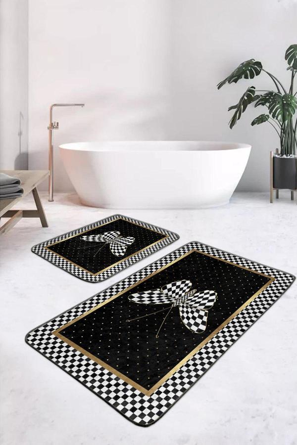 Realhomes Siyah Beyaz Damalı Kelebek Desenli 2'Li Kaymaz Taban Yıkanabilir Banyo Paspas Takımı - Image 1