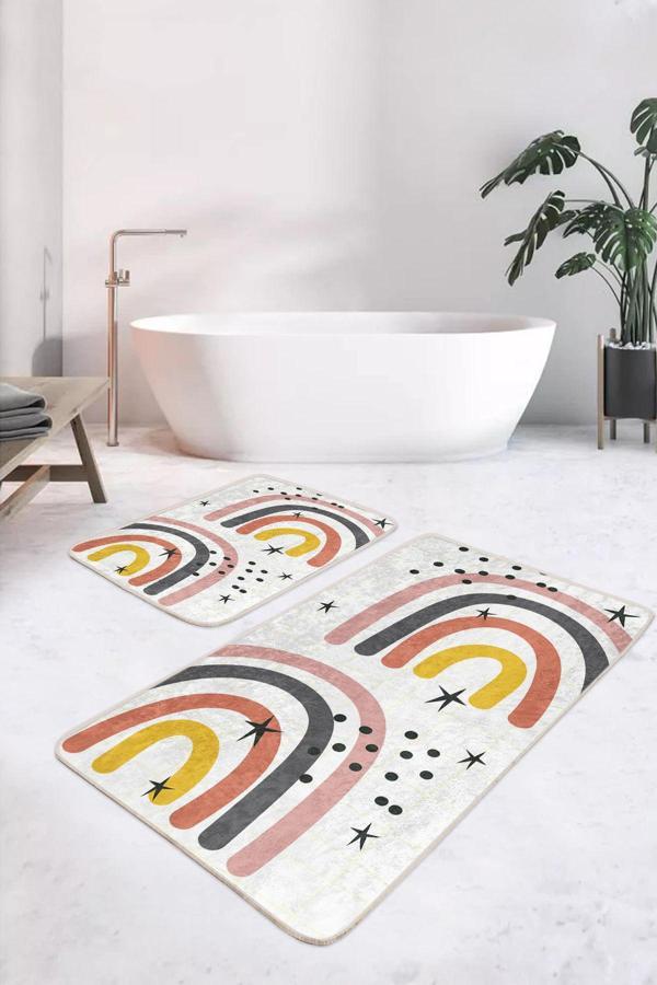 Realhomes Sarı-Pembe Gri Renkli Retro Gökkuşağı Desenli 2'Li Kaymaz Taban Yıkanabilir Banyo Paspas Takımı - Image 1
