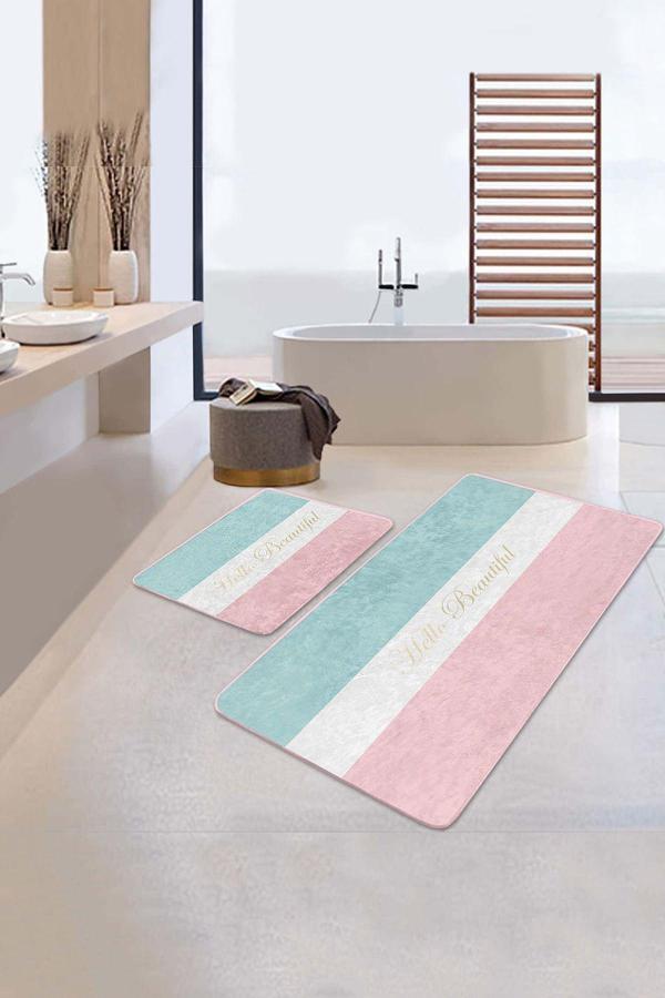 Realhomes Pembe-Mavi Beyaz Şeritli Yazılı Tasarım 2'Li Kaymaz Taban Yıkanabilir Banyo Paspas Seti - Image 1