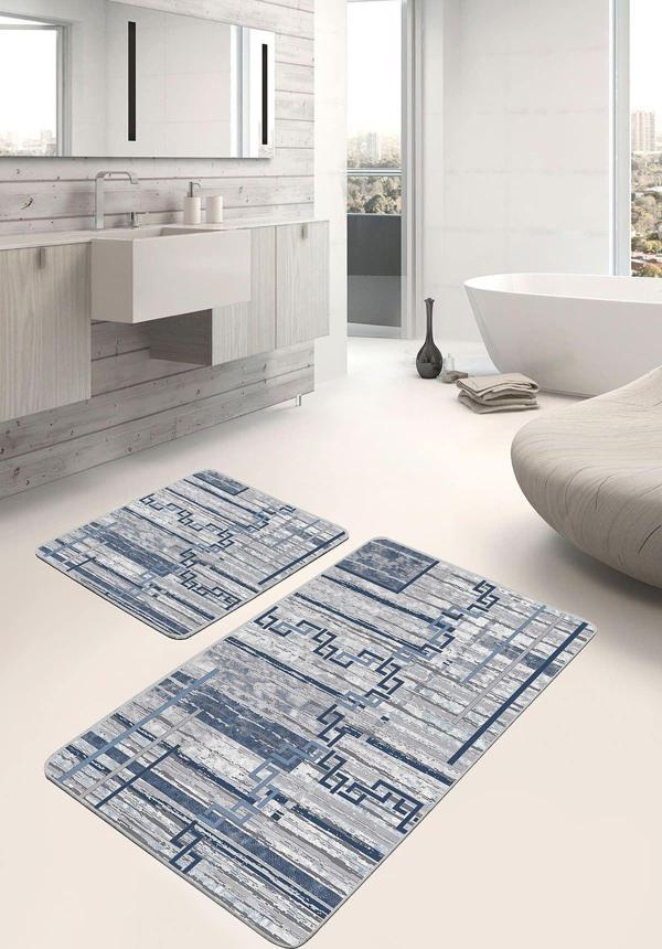 Realhomes Geometrik Desenli Gri-Mavi 2'Li Kaymaz Taban Yıkanabilir Banyo Paspas Seti - Image 1