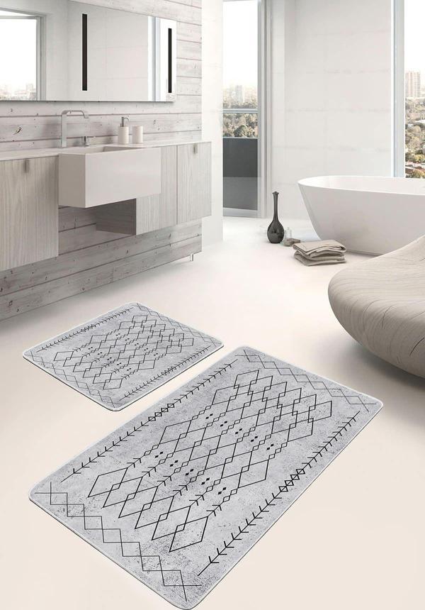 Realhomes Gri Zeminde Siyah Geometrik Desenli Modern 2'Li Kaymaz Taban Yıkanabilir Banyo Paspas Seti - Image 1