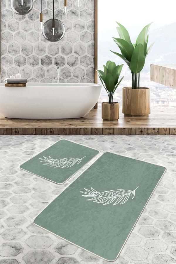 Realhomes Beyaz Yaprak Desenli Yeşil Renkli 2'Li Kaymaz Taban Yıkanabilir Banyo Paspas Seti - Image 1
