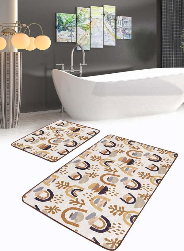 Realhomes Bej Zeminde Hardal Ve Lacivert Geometrik Desenli 2'Li Kaymaz Taban Yıkanabilir Banyo Paspas Seti - Image 1