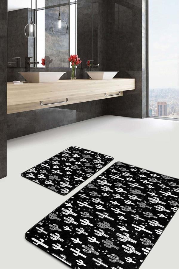 Realhomes Siyah Zeminde Beyaz Kaktüs Desenli 2'Li Kaymaz Taban Yıkanabilir Banyo Paspas Seti - Image 1
