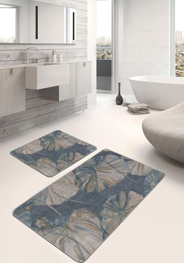 Realhomes Lacivert Kahverengi Yaprak Desenli 2'Li Kaymaz Taban Yıkanabilir Banyo Paspas Seti - Image 1