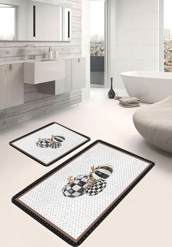 Realhomes Damask Desenli Siyah-Kahverengi Çerçeveli 2'Li Kaymaz Taban Yıkanabilir Banyo Paspas Takımı - Image 1