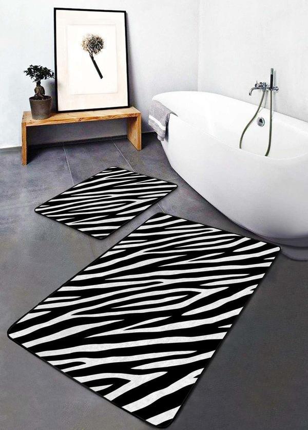 Realhomes Siyah Beyaz Zebra Desenli 2'Li Kaymaz Taban Yıkanabilir Banyo Paspas Seti - Image 1