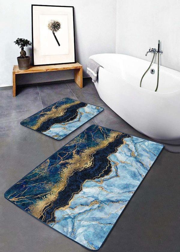 Realhomes Mavi Siyah Mermer Desenli 2'Li Kaymaz Taban Yıkanabilir Banyo Paspas Seti - Image 1